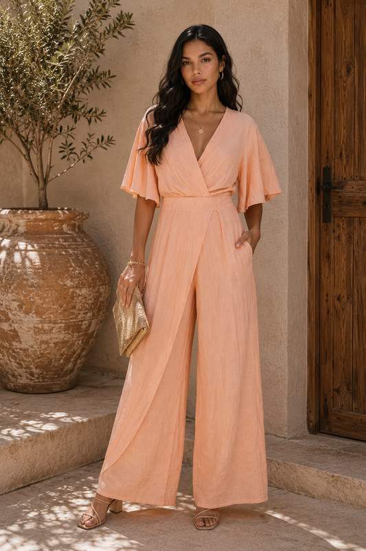 Peach Jumpsuit met Overslag en Ruffle Mouw
