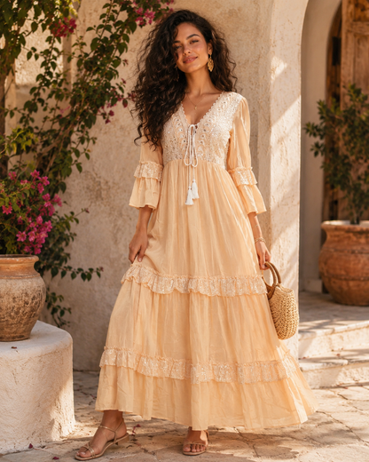 Bohemian Maxi Jurk Peach met Kantdetails