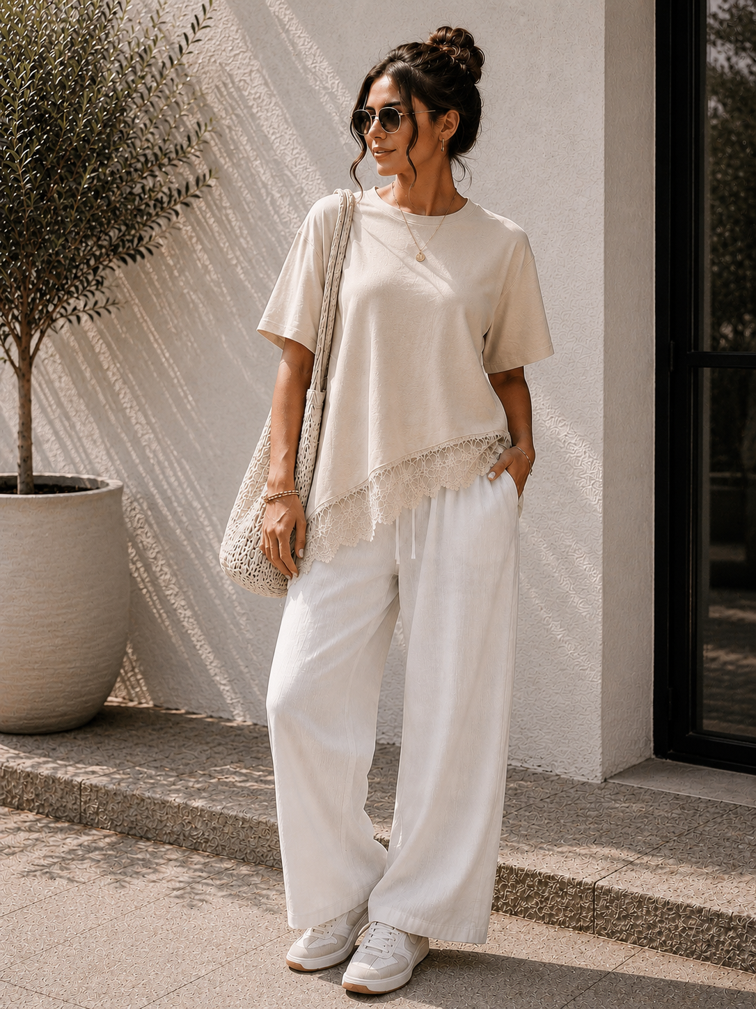 Oversized Lace Shirt Beige