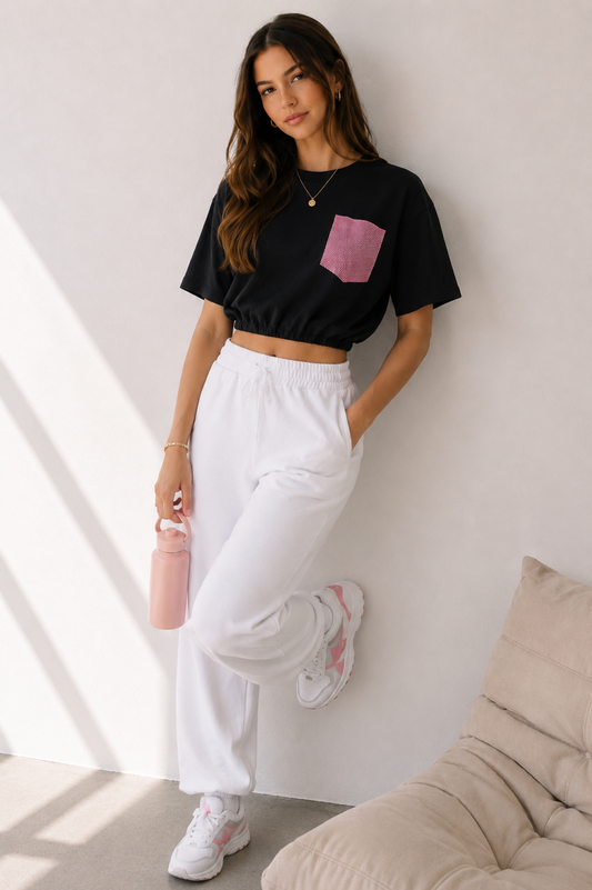 Crop Ballon Top Zwart/Roze