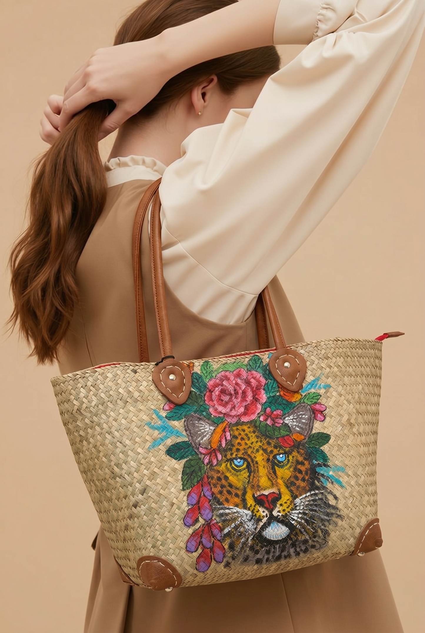 Handgemaakte Strandtas Leopard & Floral