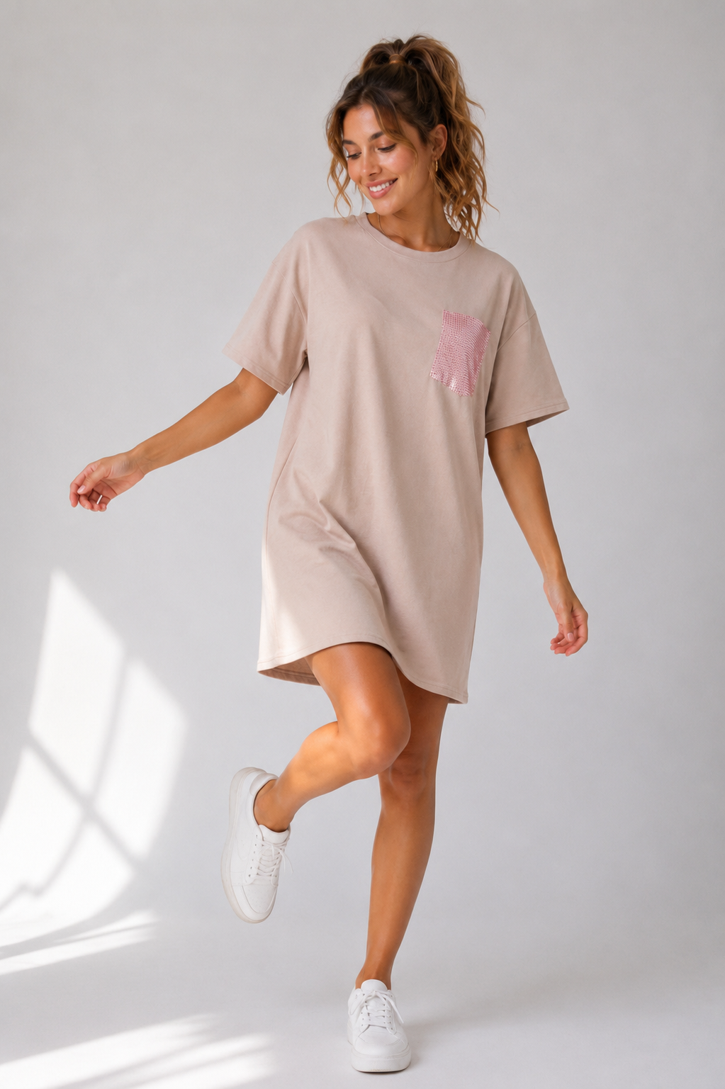 Jurk met Glitter Panter Borstzakje Beige