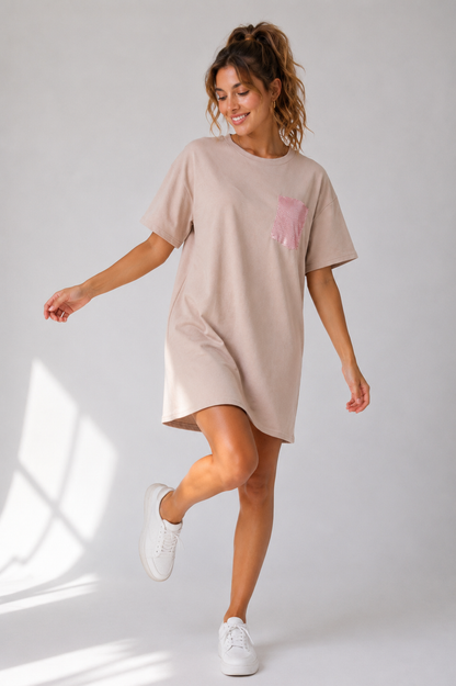 Jurk met Glitter Panter Borstzakje Beige