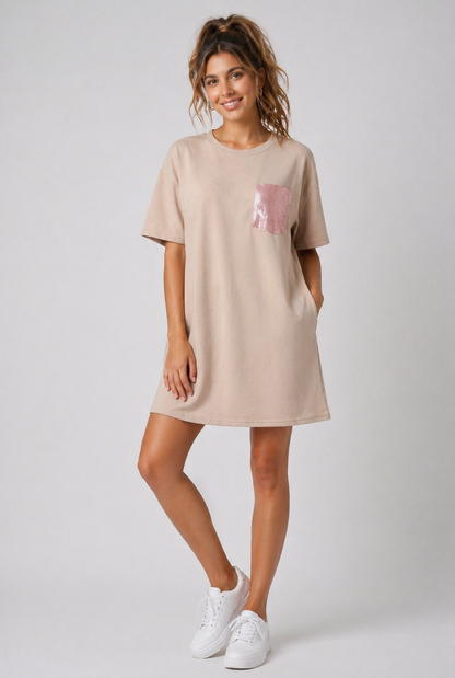 Jurk met Glitter Panter Borstzakje Beige