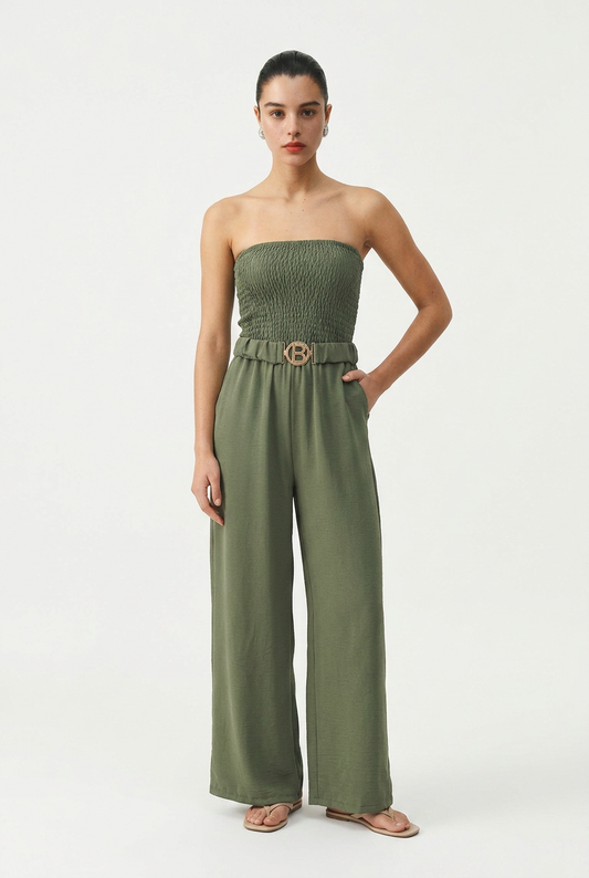 Khaki jumpsuit met elastisch bovenlijf