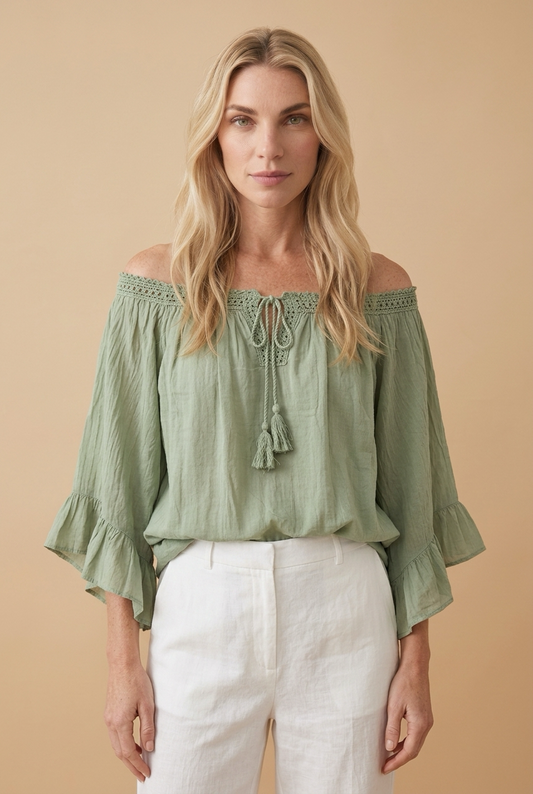 Khaki Off-Shoulder Blouse met Volantmouwen