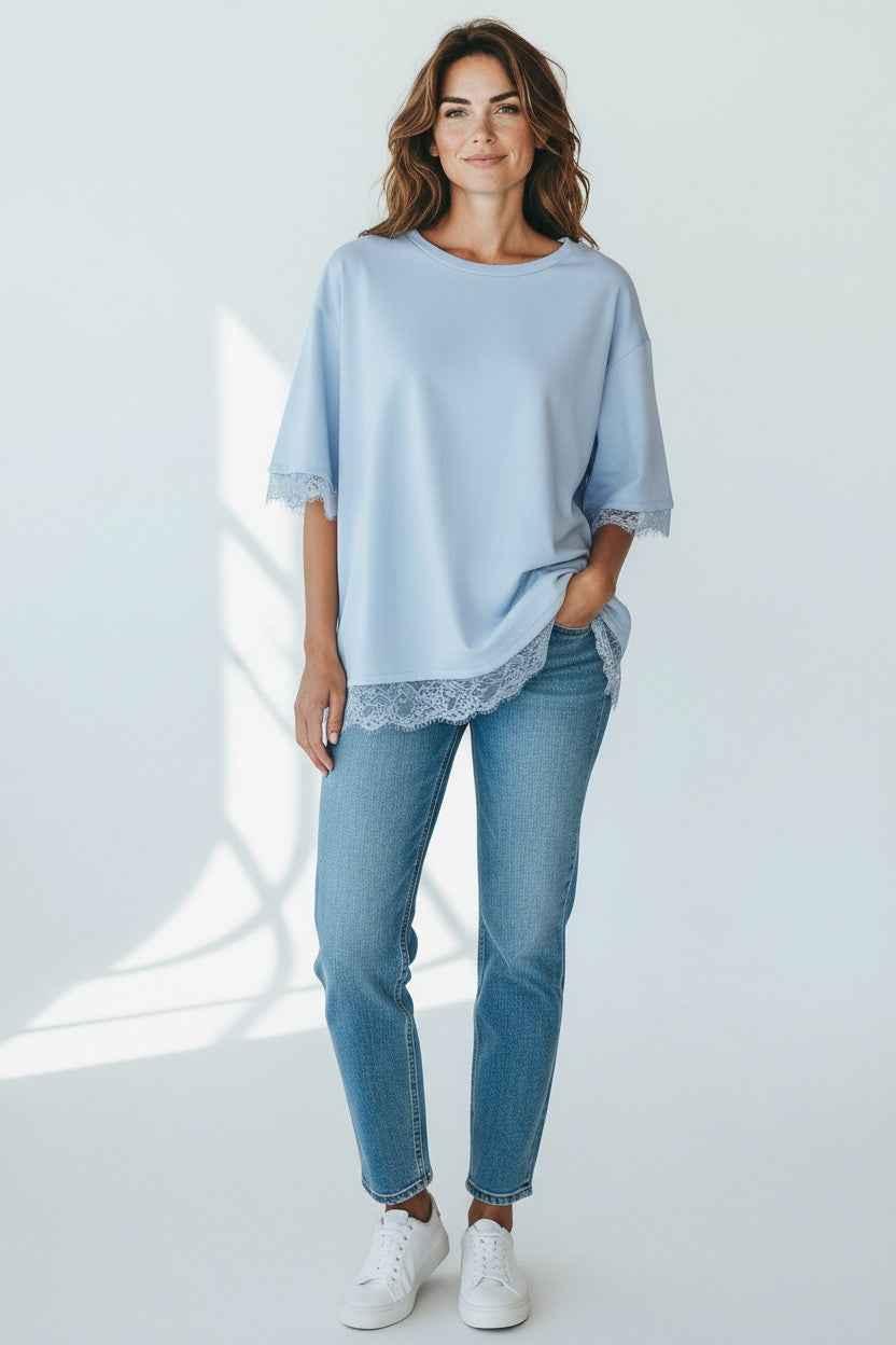 Lace Back Top Lichtblauw
