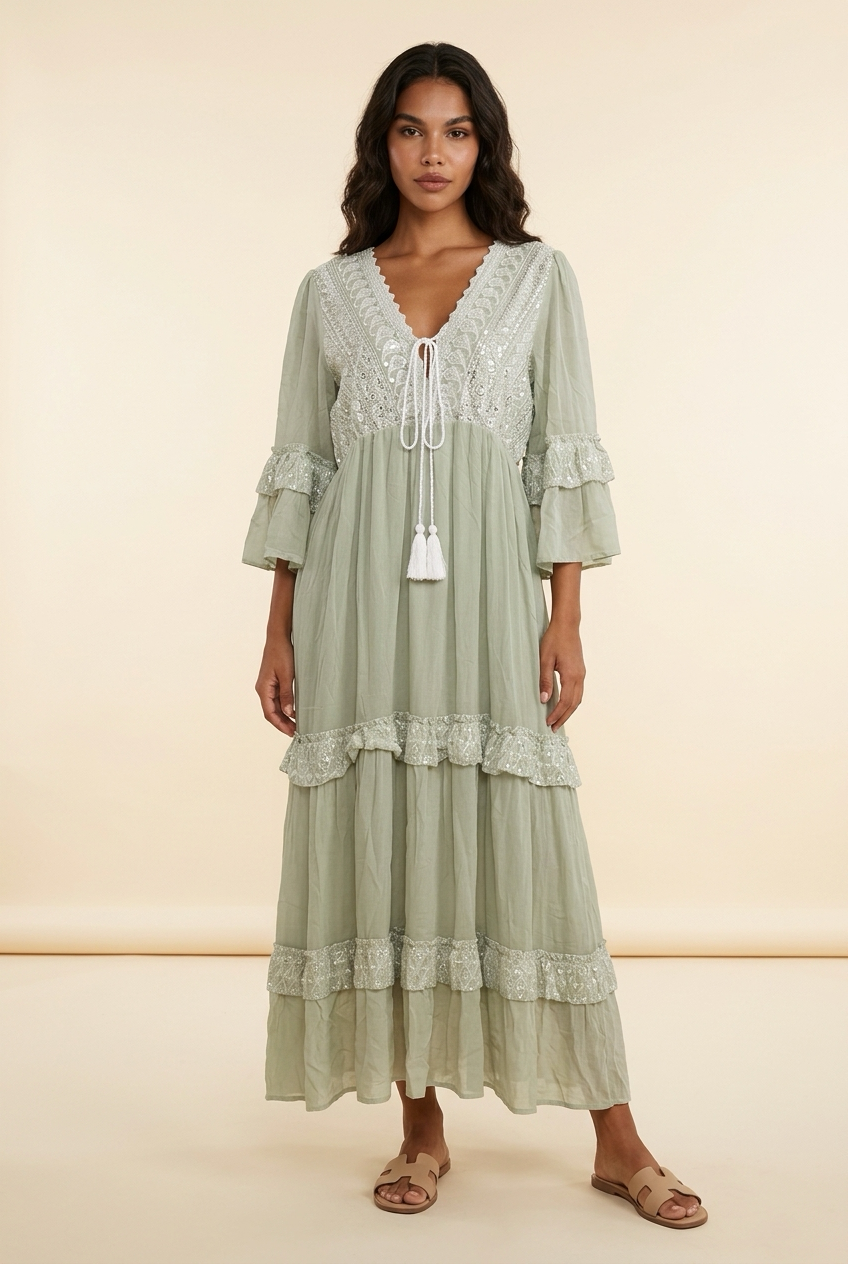 Bohemian Maxi Jurk Lindegroen met Kantdetails