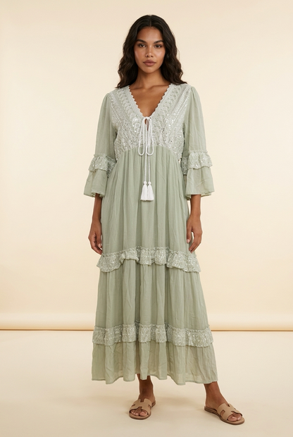 Bohemian Maxi Jurk Lindegroen met Kantdetails