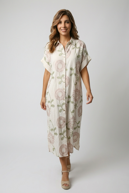 Midi jurk met zachtroze en groene bloemenprint