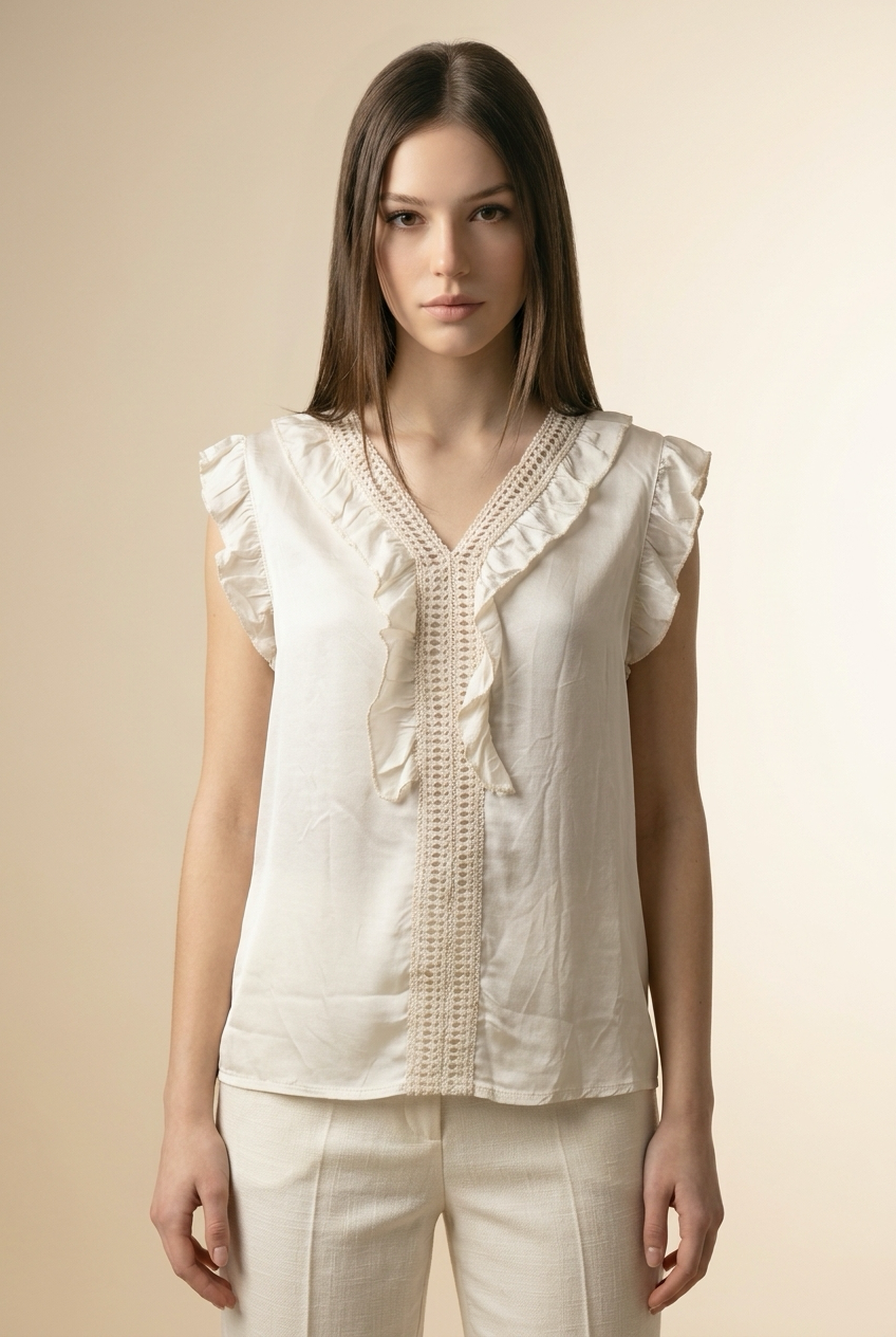 Off White Blouse met Ruffles en Kantdetail