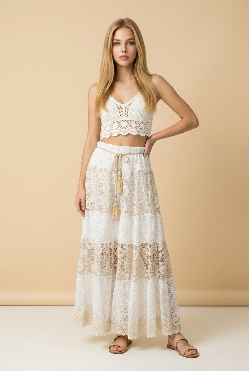 Boho Maxi Rok Kant Offwhite