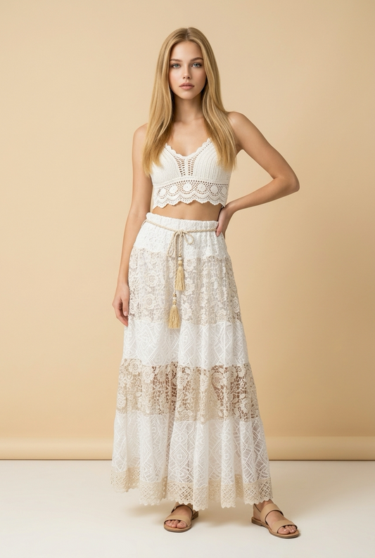 Boho Maxi Rok Kant Offwhite