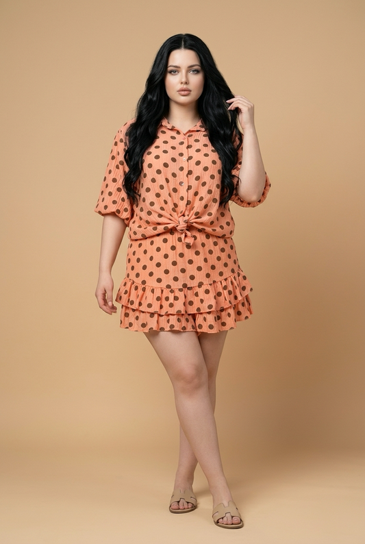2-Delige Set met Polkadot Blouse en Broekrokje Oranje/Peach