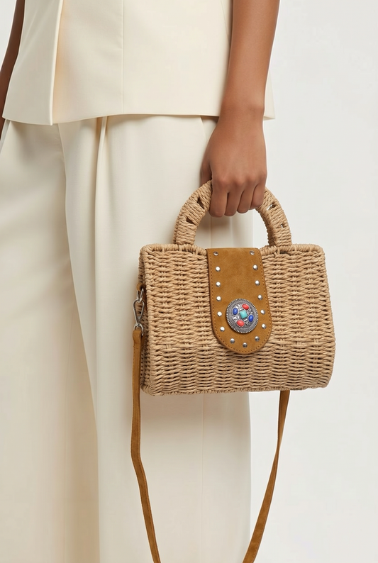 Gevlochten Handtas met PU-Lederen Schouderband Beige/Camel