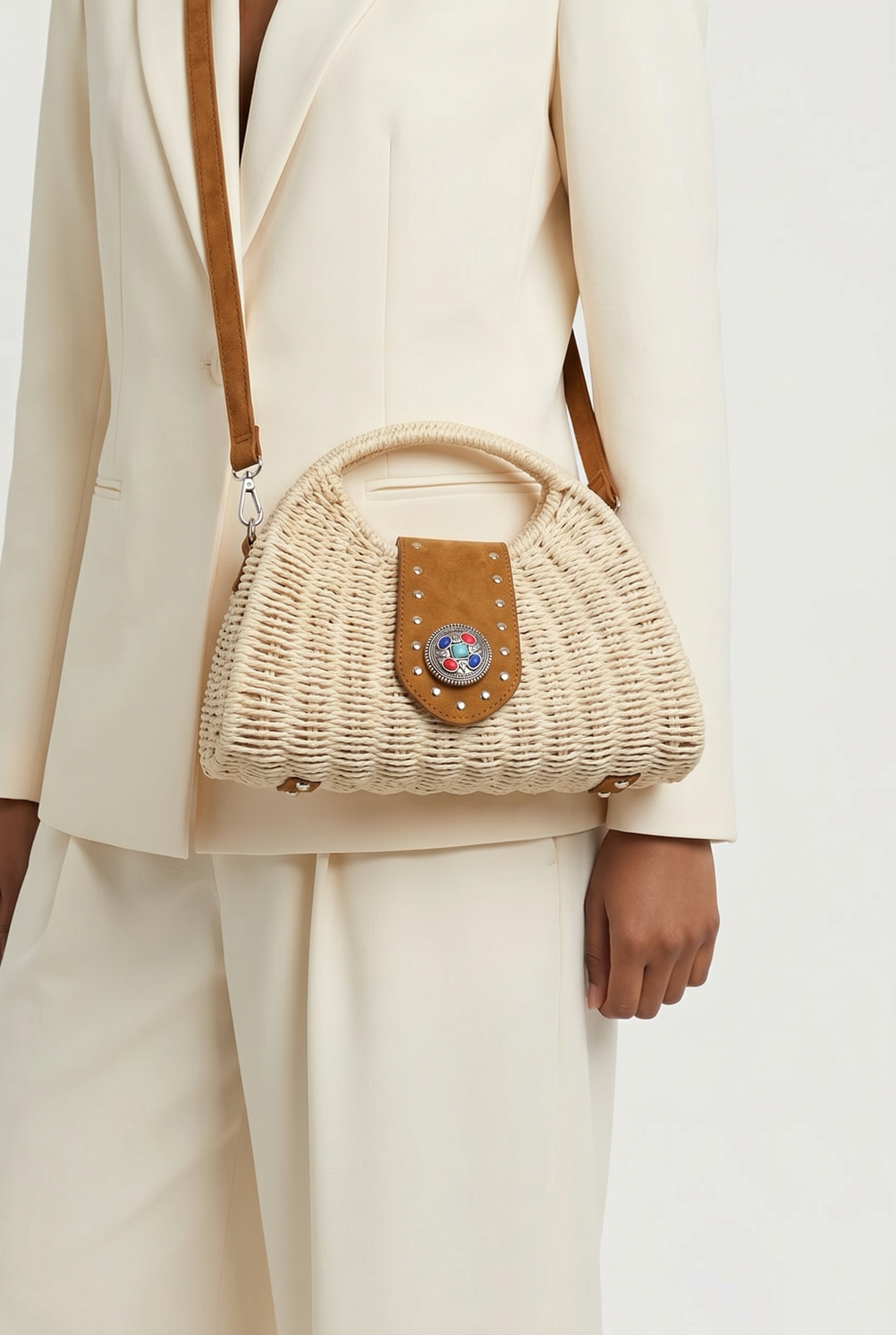 Gevlochten Tas met PU-Lederen Schouderband Beige/Camel