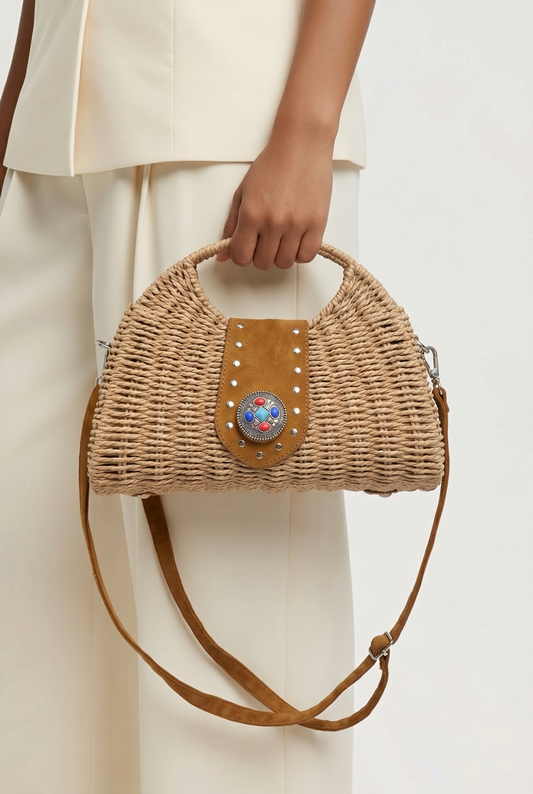 Gevlochten Tas met PU-Lederen Schouderband Beige/Camel