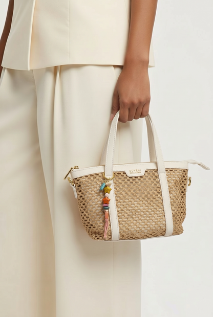 Gevlochten Handtas met Schouderband Beige/Wit