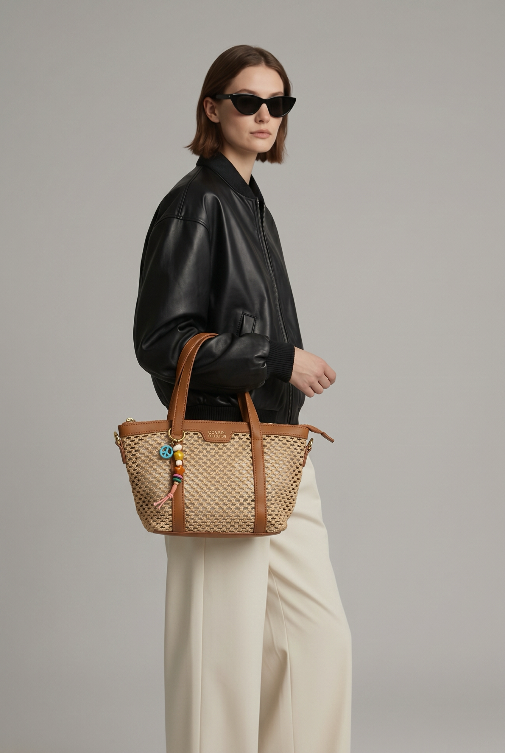 Gevlochten Handtas met Schouderband Beige/Cognac