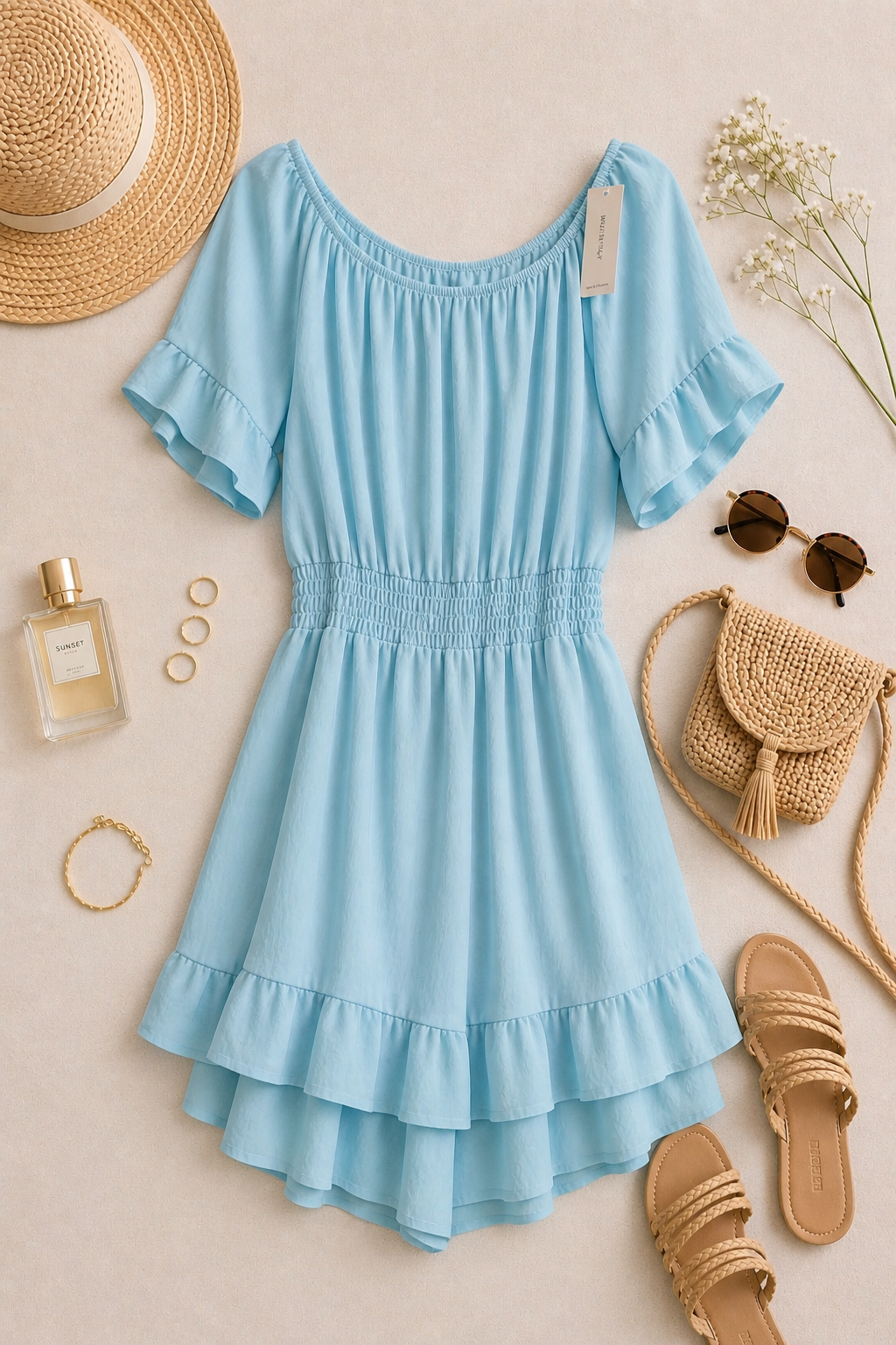 Lichtblauwe off-shoulder playsuit met elastische taille
Ruimvallende playsuit met ruches