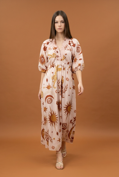 Maxi Jurk met Print en Pofmouwen Beige/Roze/Bruin