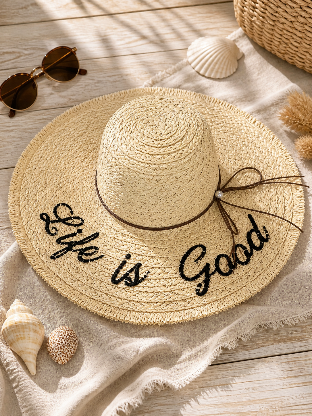 Naturel strandhoed met tekst Live is Good