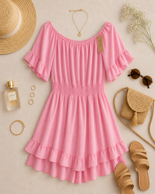 Roze off-shoulder playsuit met elastische taille
Ruimvallende playsuit met ruches