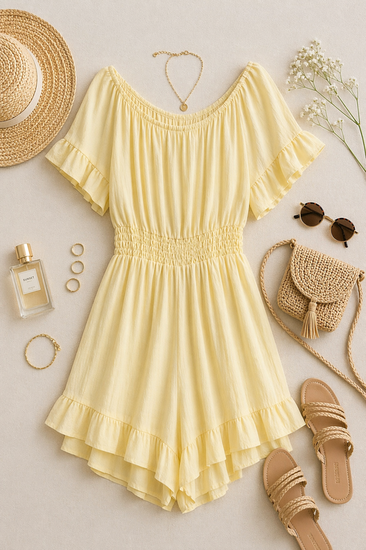Zachtgele off-shoulder playsuit met elastische taille