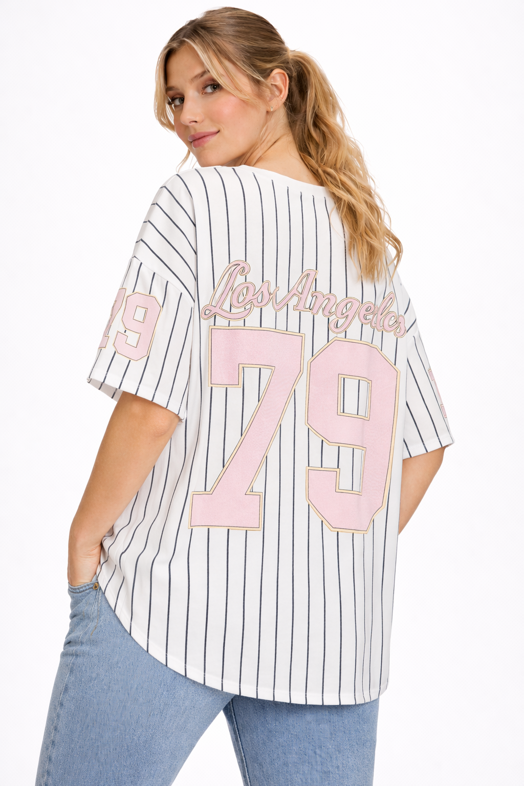 Oversized baseball shirt met roze opdruk
