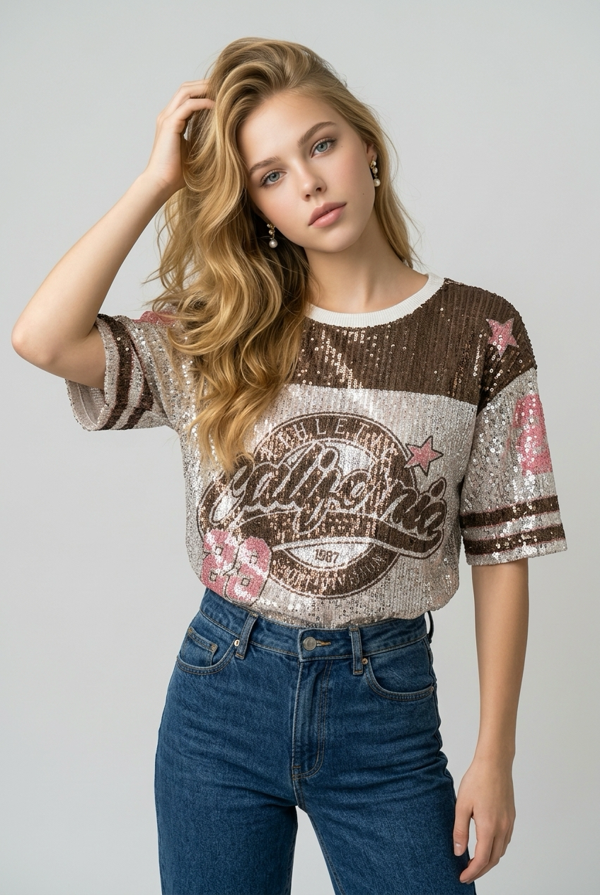 Pailletten shirt in bruin en roze
