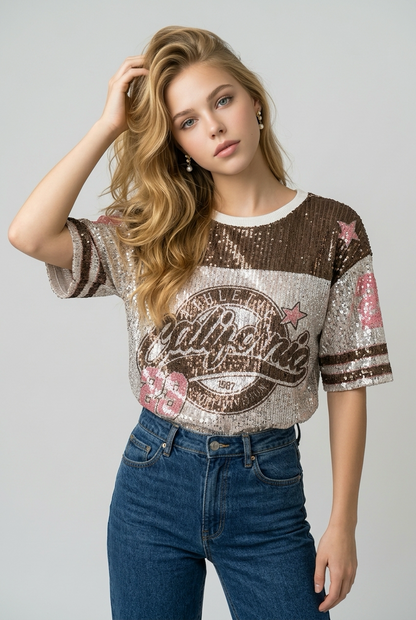 Pailletten shirt in bruin en roze