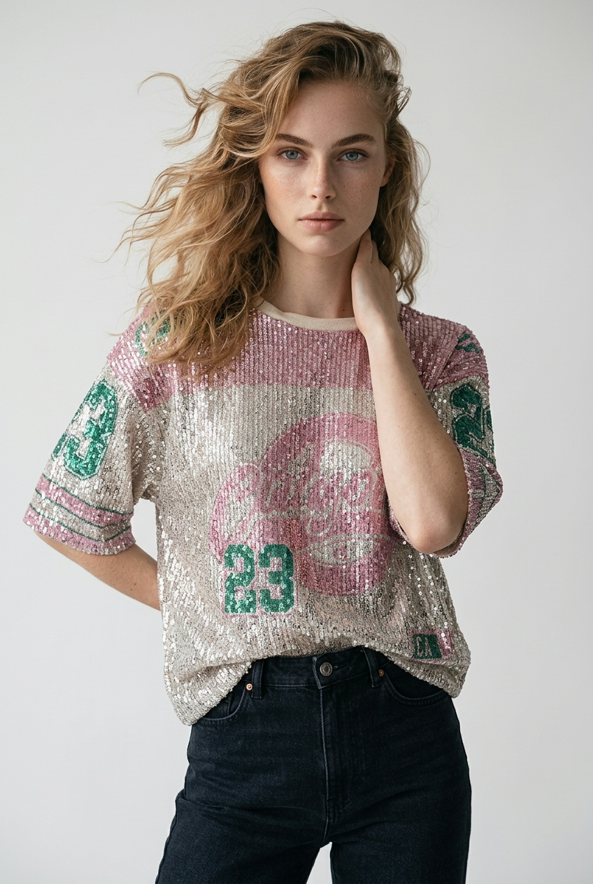 Pailletten shirt in roze en groen