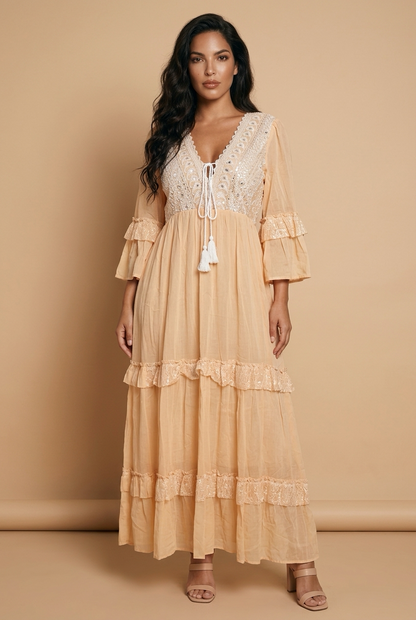 Bohemian Maxi Jurk Peach met Kantdetails