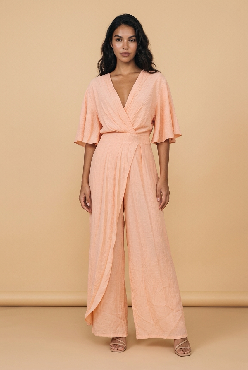 Peach Jumpsuit met Overslag en Ruffle Mouw