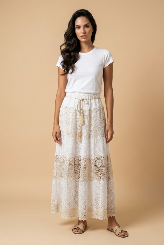 Boho Maxi Rok Kant Offwhite