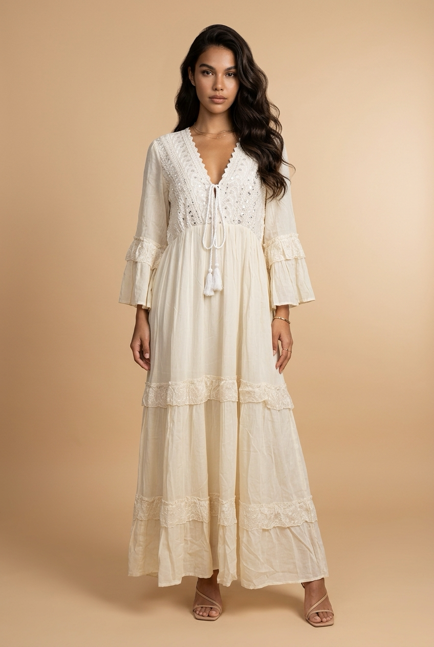 Bohemian Maxi Jurk Roomwit met Kantdetails