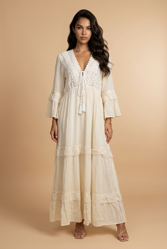 Bohemian Maxi Jurk Roomwit met Kantdetails