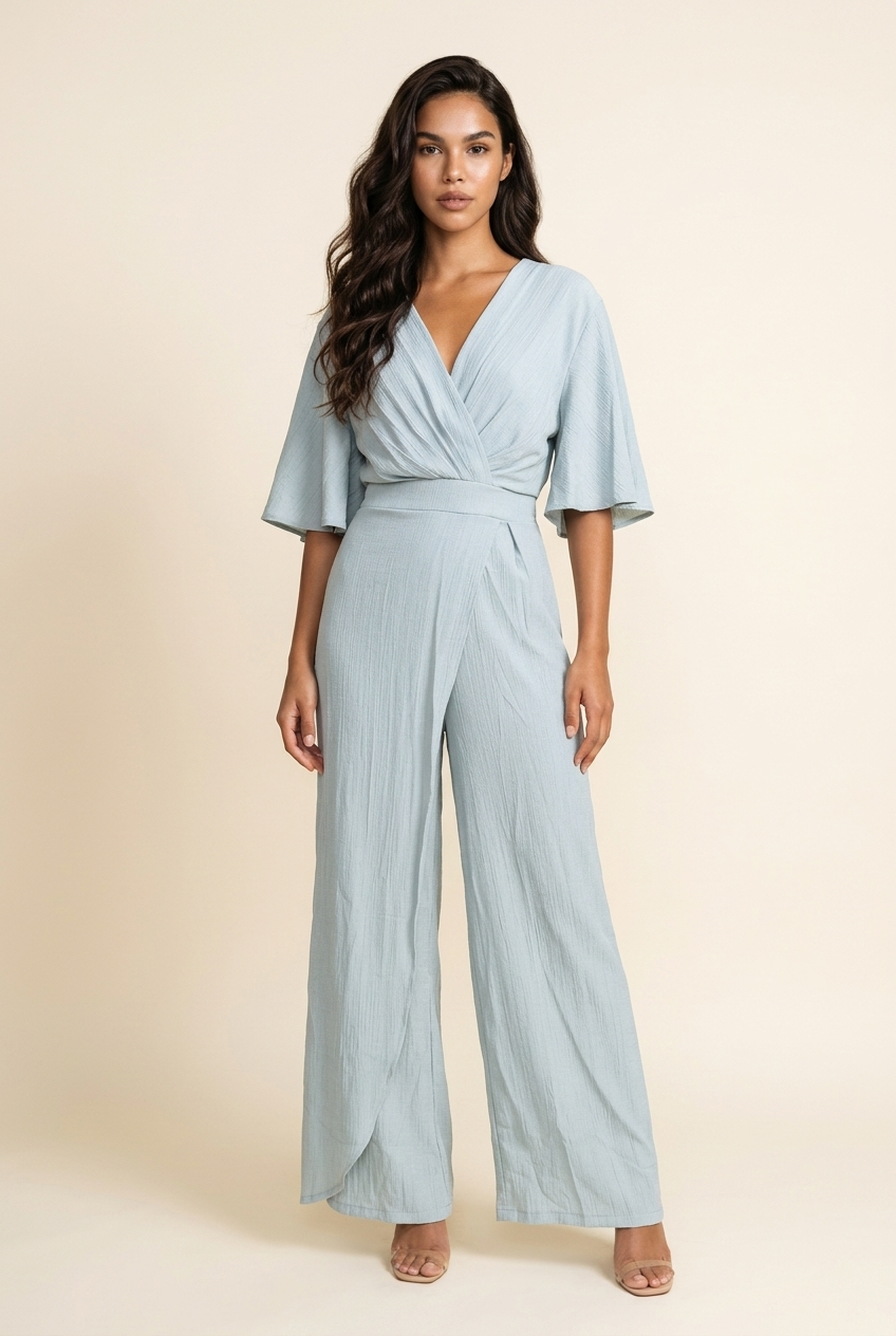 Sage Groene Jumpsuit met Overslag en Ruffle Mouw