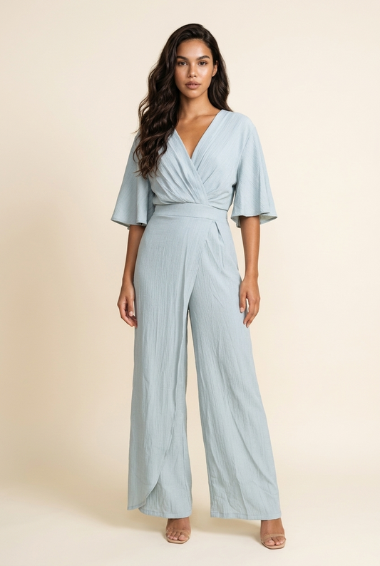 Sage Groene Jumpsuit met Overslag en Ruffle Mouw