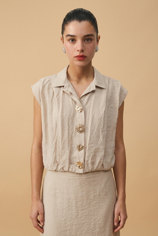 Sarah beige ballontop met sierbuttons