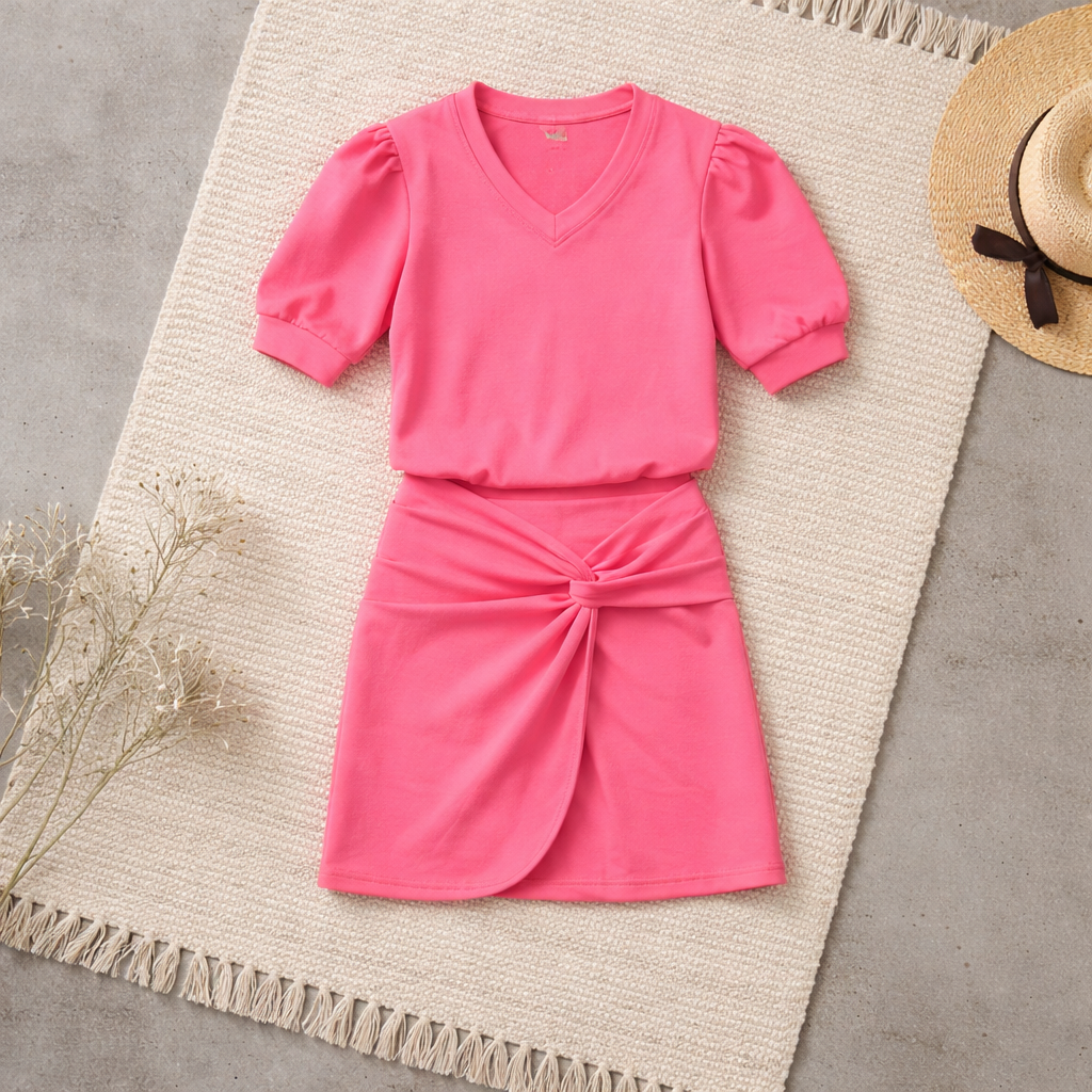 2-delige set in neon roze met broekrokje