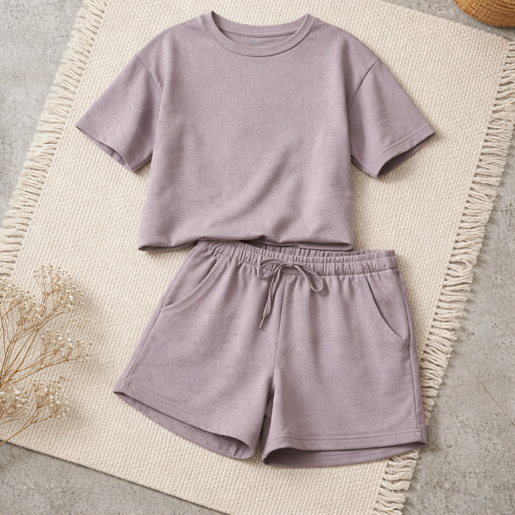 2-delige taupe set met shirt en kort broekje
Taupe dames set met subtiele glitter