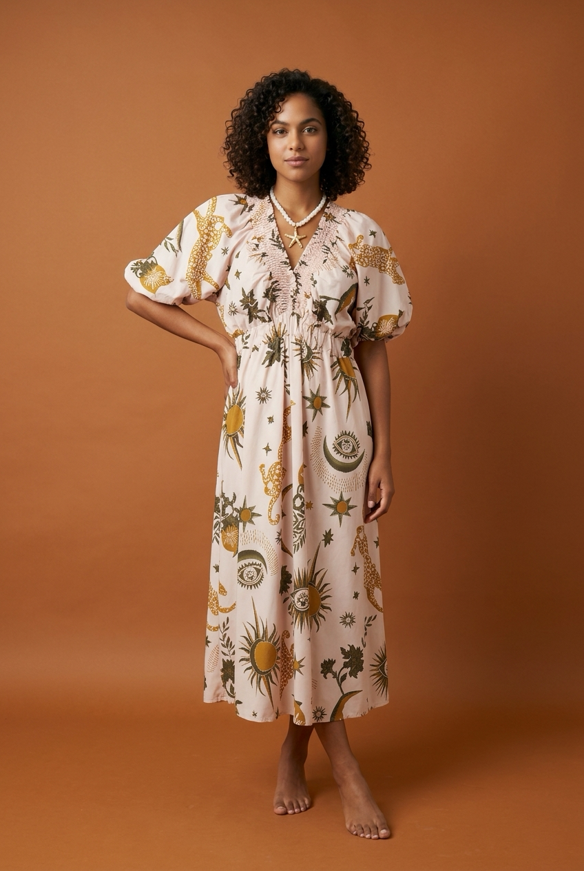 Maxi Jurk met Print en Pofmouwen Beige/Khaki