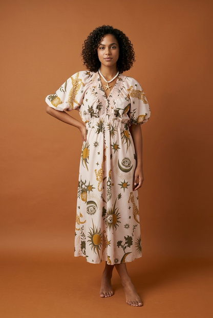 Maxi Jurk met Print en Pofmouwen Beige/Khaki
