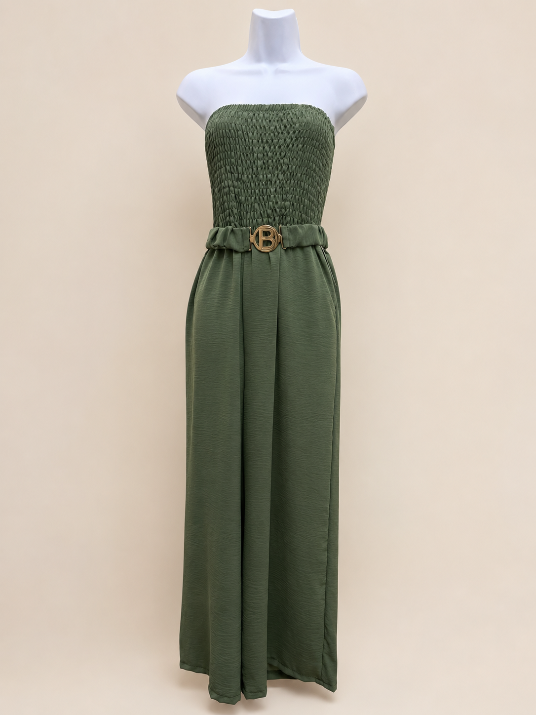 Strapless jumpsuit in khaki met riem