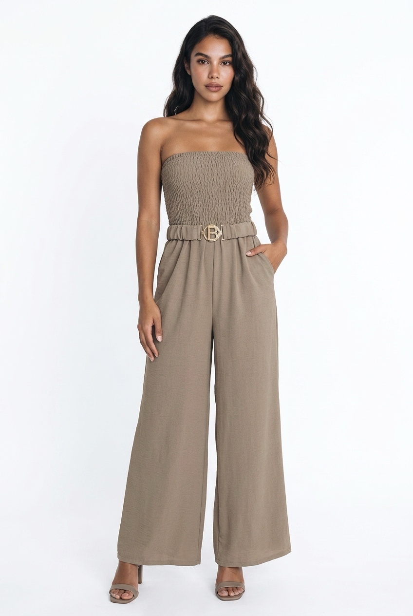 Strapless Jumpsuit met Riem Taupe