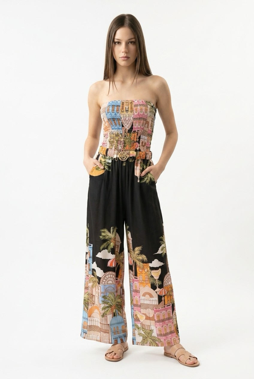 Strapless Jumpsuit met Print en Riem Zwart/Multi