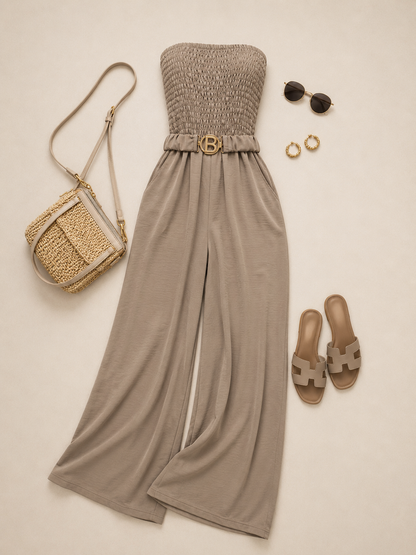 Taupe jumpsuit met elastisch bovenlijf