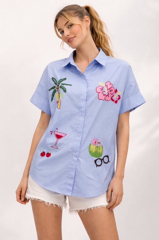 Tropical summer blouse lichtblauw voorkant
