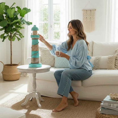 Vuurtoren Decoratie Turquoise H40 cm